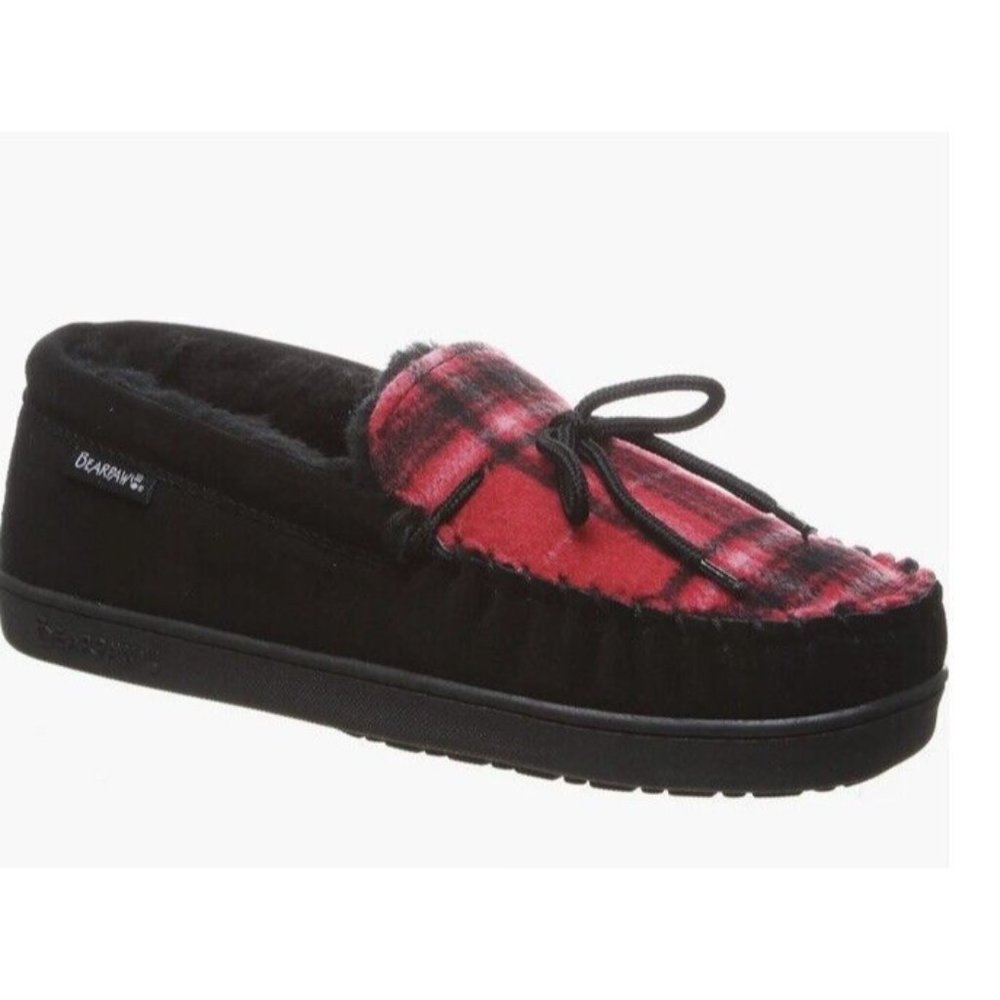 New BEARPAW Men Moc II Black Multi Red Plaid Slip On Slipper Shearling‎ Lined 10